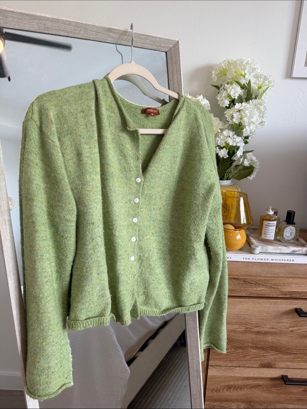 Green Button-Front Fuzzy Cardigan